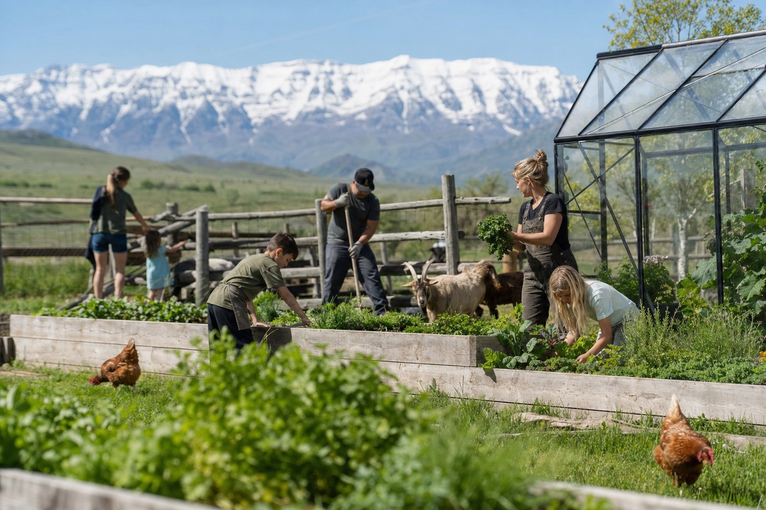 Families working in gardens with chickens, goats, green pasture, and snow capped mountains