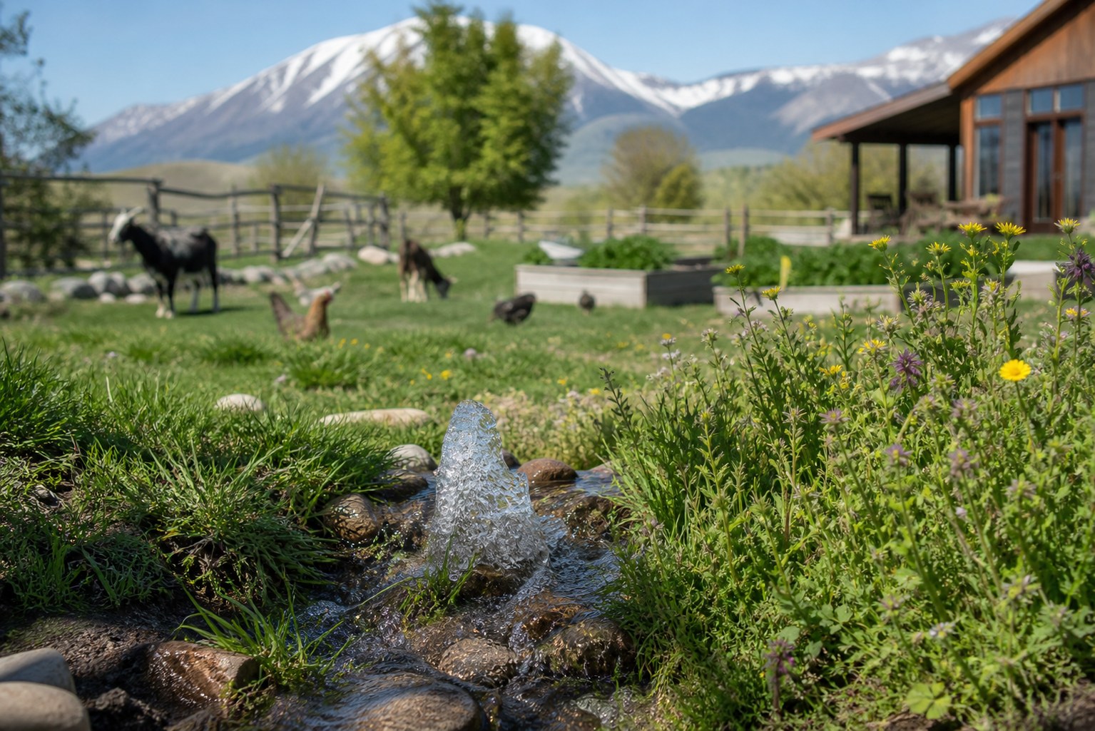 Clear spring water bubbling from green grass at a rural homestead retreat